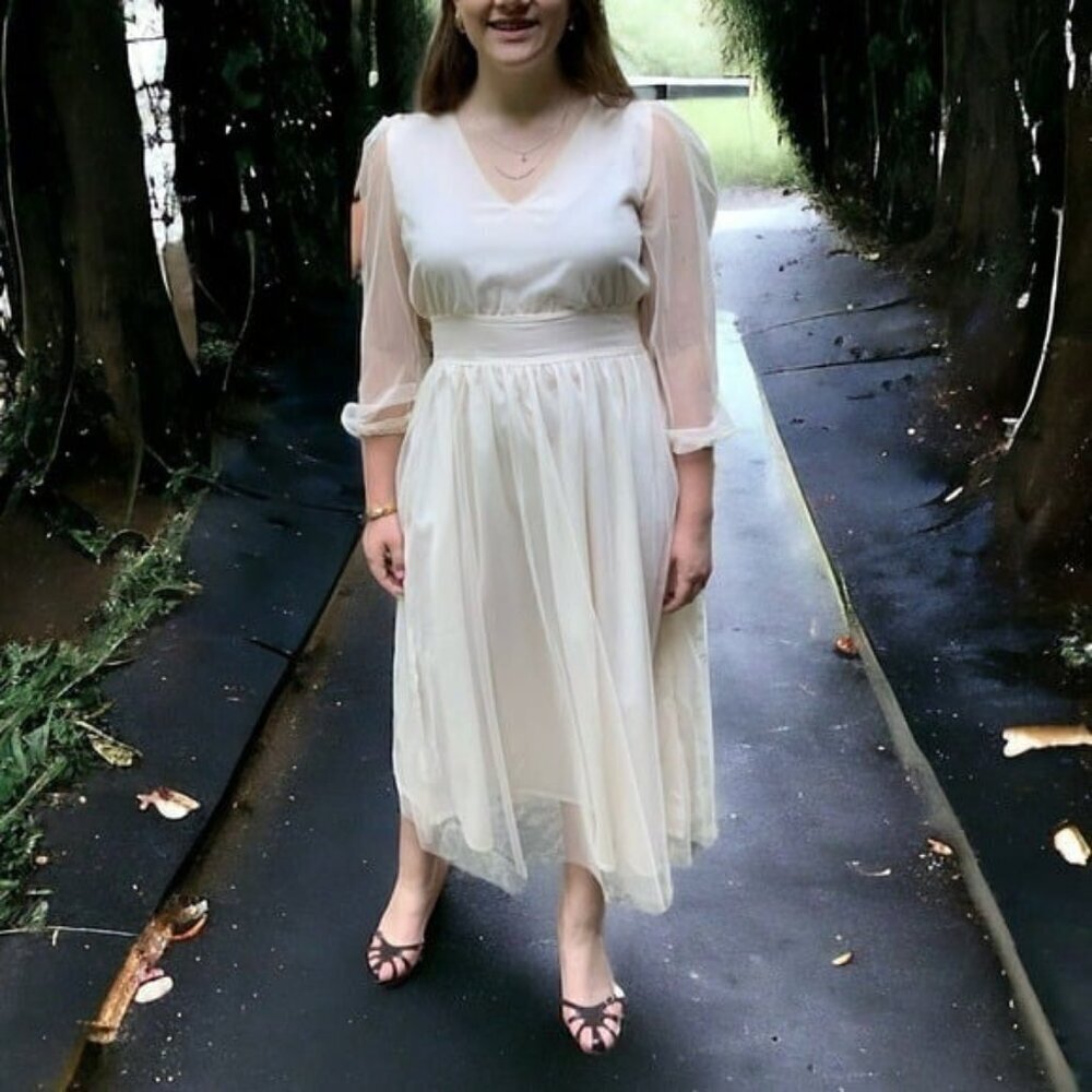 Vintage Vibes Ivory Tulle Minimalist Dress; Gathered Waist & Sheer Sleeves L